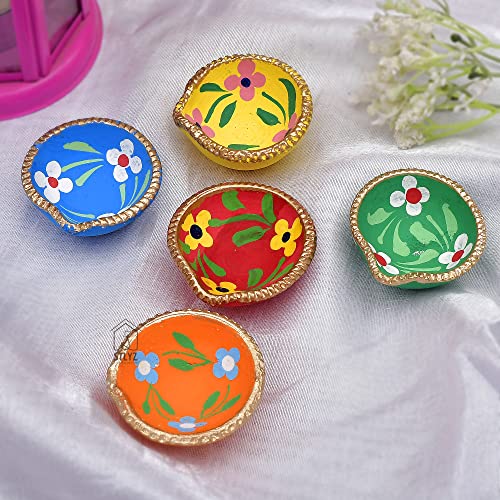 STLYZ Handmade Diyas for Diwali Hand Painted Decorative Clay Mitti Diya Deepak Lanterns for Diwali Decoration (Free Lambi Diya Batti/Long Cotton Wicks) (Pack of 21)