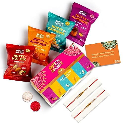 Open Secret Rakhi Gift Hamper with Chocolate Cookies | Premium Dry-Fruits Healthy Snacks | Gift Box for Raksha Bandhan | Combo Pack with Set of 2 Rakhi, Roli, Chawal, Rakhi Card for Brother | Premium Cashew – Kaju, Almonds – Badam | Dry Fruit with Rakhi Gift