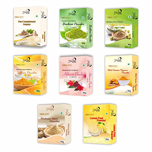 glowious Combo Pack of 8 (Sandalwood, Multani Mitti, Kasturi Turmeric, Lemon Peel, Amla, Hibiscus, Ubtan & Brahmi Powder) 400gms (50gx8)