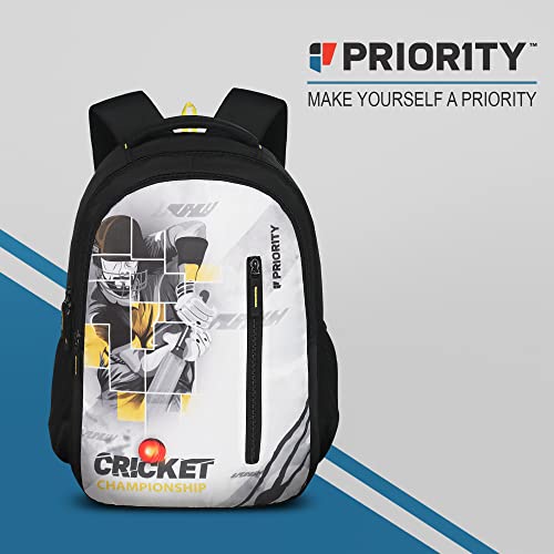 Priority Achiever 004 Cricket Championship 35 Liters Black Polyester Stylish College Bag | Printed Backpack Unisex Bag for College Office Suitable for Men & Women (25888)