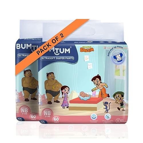 Bumtum Chota Bheem New Born Baby Diaper Pants, 60 Count, Leakage Protection Infused With Aloe Vera, Cottony Soft High Absorb Technology (Pack of 1)