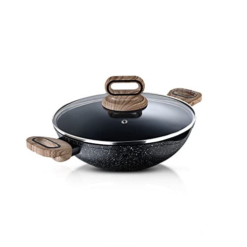 Bergner Ultimate Non-Stick Kadai with Glass Lid 24 cm, 2L, Heatdot Technology & Induction Base, Food Safe, Grey