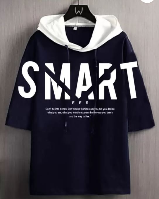 Men Printed Hooded Neck Cotton Blend Blue T-Shirt