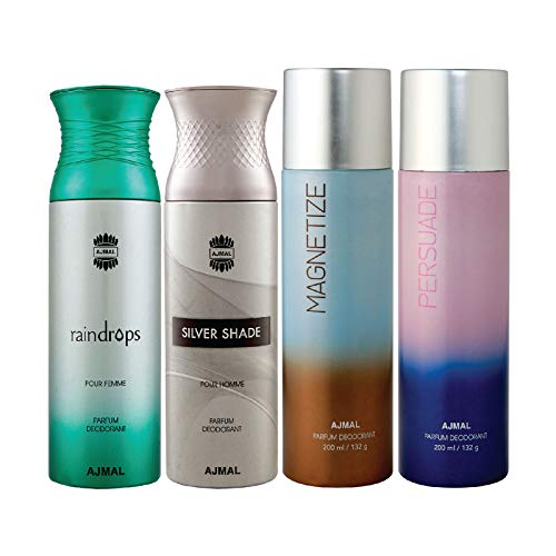 Ajmal 1 Raindrops Femme for Women, 1 Silver Shade Homme for Men, 1 Magnetize and 1 Persuade for Men & Women Deodorants each 200ML Combo pack of 4 (Total 800ML) + 4 Parfum Testers