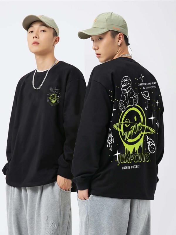 Jump Cuts Typography Men Round Neck Black T-Shirt