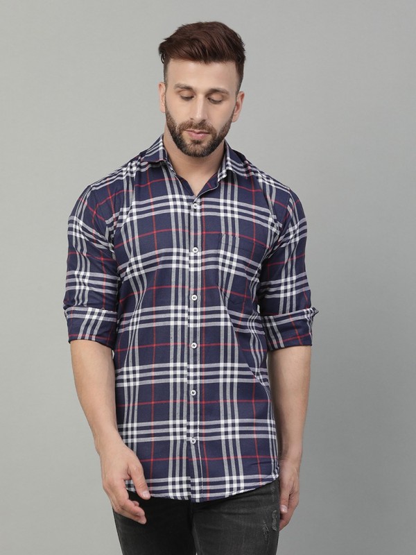 Yha Men Checkered Casual Dark Blue Shirt