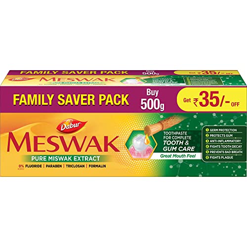 Dabur Meswak Complete Oral Care Toothpaste – 500g (2 x 200g + 1 x100g) | Complete Oral & Gum Care Toothpaste | Contains Pure & Rare Miswak extract | No added Fluoride, Paraben, Triclosan & Formalin