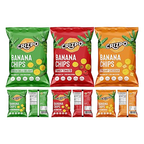 Crizpo Banana Chips – Pack of 6 Combo (270gms) – Tangy Tomato, Creamy Cheddar, Green Chilli Delight (2 x 45g each flavour)