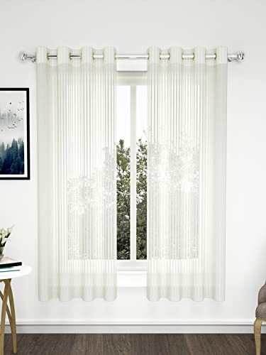Story@Home Sheer Window Curtains Linen Look Semi Transparent Voile Grommet Zic Zac Curtains for Living, Dining Room White (Set of 2, 5 Feet, White)