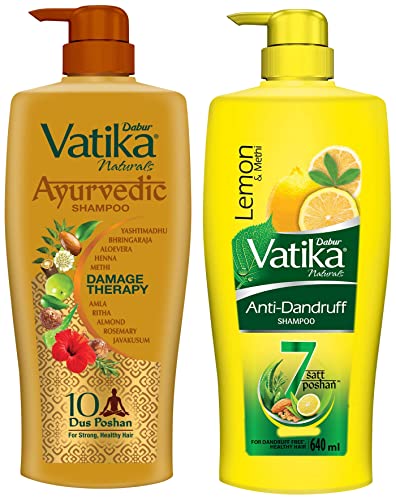 Dabur Vatika Anti Dandruff Shampoo, with Lemon & Methi for Dandruff Free Hair – 640ml & DABUR Vatika Ayurvedic Shampoo, 640ml : Power of Dus Poshan for 10 Hair Problems