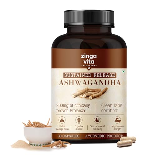 Zingavita Ayurveda Slow Release Ashwagandha 300mg, Clean Label Certified, Clinically Proven to Support Strength, Energy & Anti-Stress, Single Dose, Withania Somnifera Extract – 30 Veg Capsules