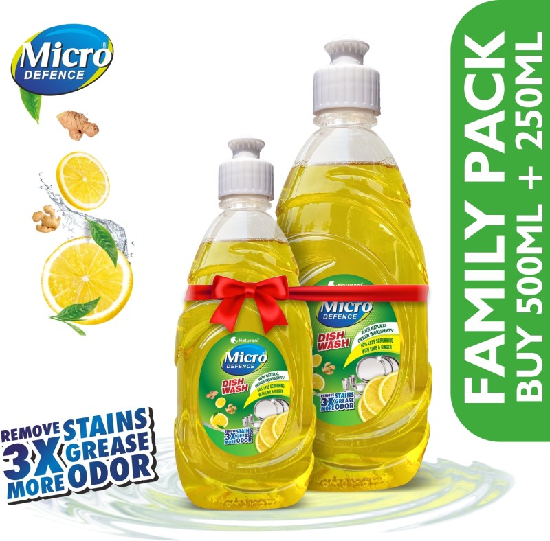 MicroDefence Dish Wash Liquid|Remove 3X Oil & Fat|Suitable in Hard Water|Baby,Pet & Skin Safe Dish Cleaning Gel(Lemon & Ginger, 750 ml)