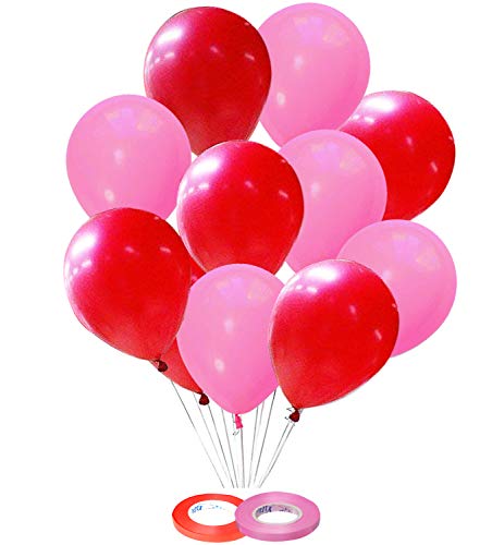 AMFIN® 10 Inch Light Pink & Red Metallic Balloons with Matching Ribbon for Decoration,Balloon for Birthday Decor/Anniversary/Party/Baby Shower/Party/Home Decor