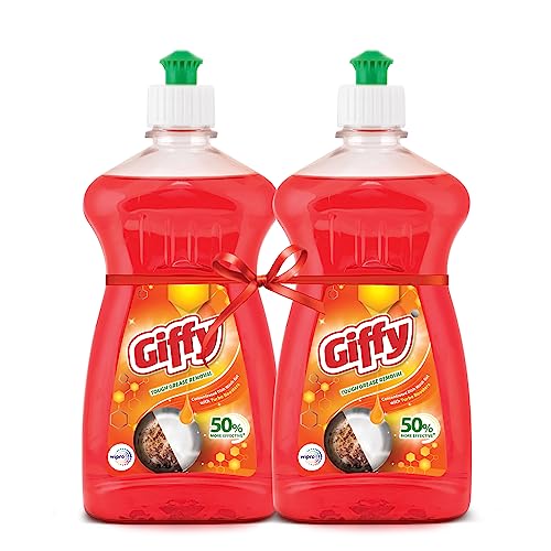 Giffy Liquid Dish Wash Gel with Turbo Boosters| 50% More Effective| Natural Mild Fragrance Removes Odour| Easy Lather & Easy Rinse Off Formulation| Leaves No White Residue| Safe On Hands| 500ml (Pack of 2)