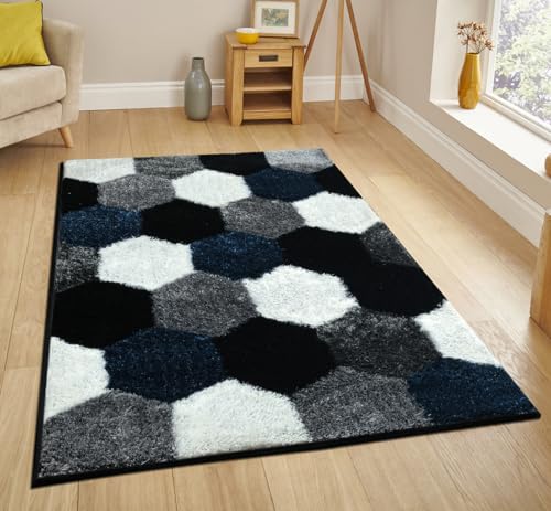 VAS COLLECTIONS Fluffy Area Rugs Super Soft Faux Fur Carpets 4×6 Feet for Kids Room | Living Room |Offices | Guest Room | Dining Hall Luxurious Look High Pile Stone Carpet – Blue White & Black