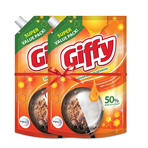 Giffy Liquid Dish Wash Gel with Turbo Boosters| 50% More Effective| Mild Fragrance Removes Odour| Easy Lather & Easy Rinse Off Formulation| Leaves No White Residue| Safe On Hands| 900ml (Pack of 2)