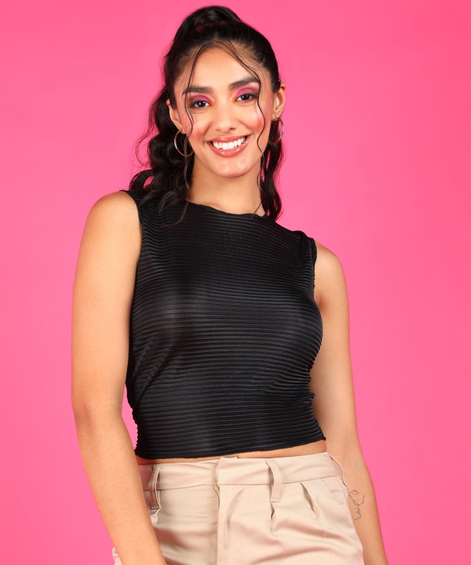 POPWINGS Casual Self Design Women Black Top