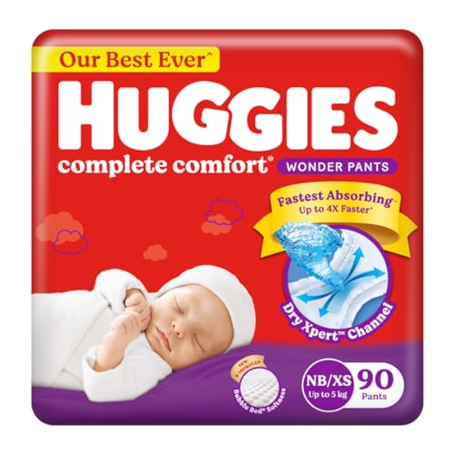 Huggies Complete Comfort Wonder Pants Newborn / Extra Small (Nb/Xs) Size (Up To 5 Kg) Baby Diaper Pants,90 Count,India’S Fastest Absorbing Diaper With Upto 4X Faster Unique Dry Xpert Channel