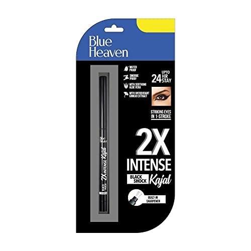 Blue Heaven 2X Intense Kajal, Black Shock | With soothing Aloe Vera | Upto 24Hr stay | Long Lasting & Smudge Proof , Black Matte Finish, 0.30gm