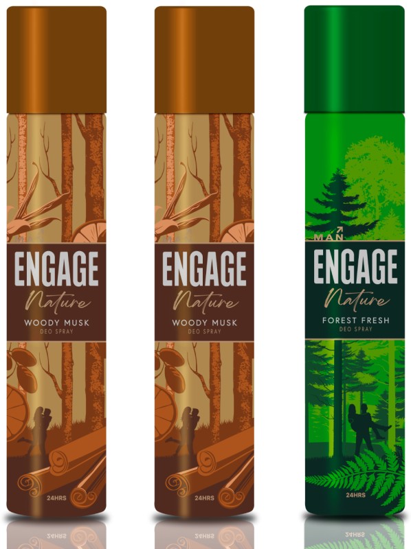 Engage Deo Spray, Woody Musk (Pack of 2) & Forest Fresh (Pack of 1) Fragrance Scent Deodorant Spray  –  For Men(450 ml, Pack of 3)