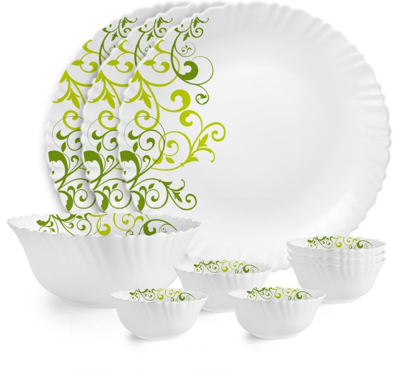 cello Pack of 10 Opalware Dazzle Opalware Oleander Dinner Set | Crockery Set |Green Dinner Set(Green, Microwave Safe)
