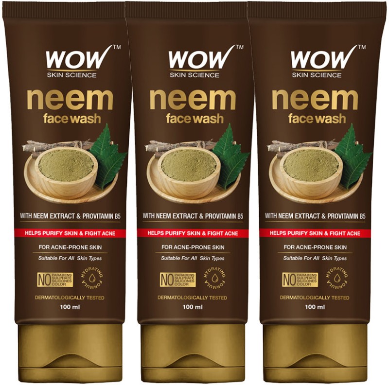 WOW SKIN SCIENCE Neem  | Purifies Skin | Unclogs Pores | Fights Acne | Calms Skin- Pack of 3 Face Wash(300 ml)