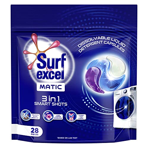 Surf Excel Matic 3 in 1 Smartshots – 28 units of dissolvable detergent capsules with Superior Stain Removal, Fabric Care and Long Lasting Fragrance. 1 shot = 1 wash