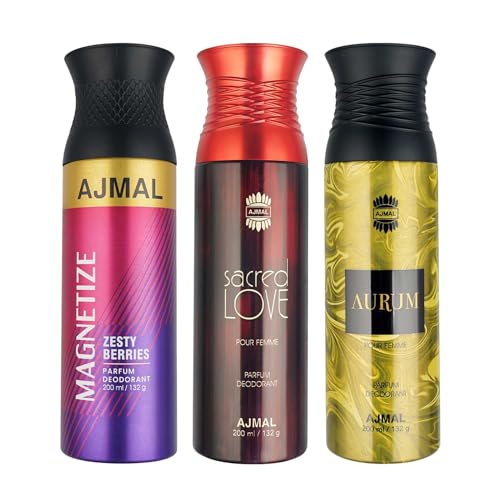 Ajmal 1 Magnetize for Men & Women, 1 Sacred Love for Women and 1 Aurum Femme for Women Deodorants each 200ML Combo pack of 3 (Total 600ML)