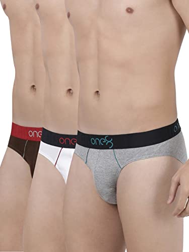 one8 by Virat Kohli Men’s Cotton Briefs (Pack of 3) (102B1_White/Grey Mel/ Brown_X-Large_White,Gery Melange & Brown_XL)