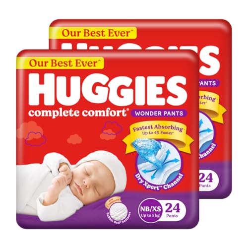 Huggies Complete Comfort Wonder Pants, India’s Fastest Absorbing Diaper, Patented Dry Xpert Channel | Pant Style Diapers New Born / XS Size (Up to 5 Kgs), Pack of 48 Diapers