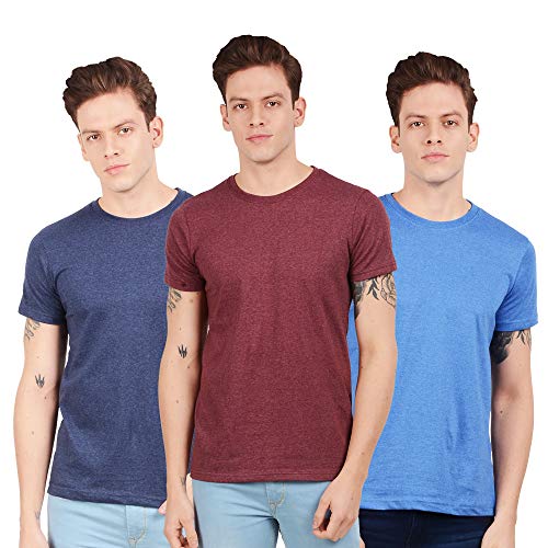 Scott International Men’s Regular Fit T-Shirt – Cotton Blend, Half Sleeve, Round Neck, Stylish, Solid Plain T-Shirts for Men, mens t shirt – Pack of 3 (Navy Blue,Maroon & Royal Blue Melange, Large)
