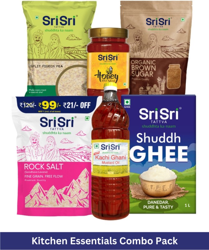Sri Sri Tattva Kitchen Essentials Combo(Shuddh Ghee 1L, Toor Dal 1 kg, Organic Brown Sugar 1 kg, Rock Salt Fine Grain 1 kg, Kachi Ghani Mustard Oil 1 L, Pure & Natural Honey 500 g)