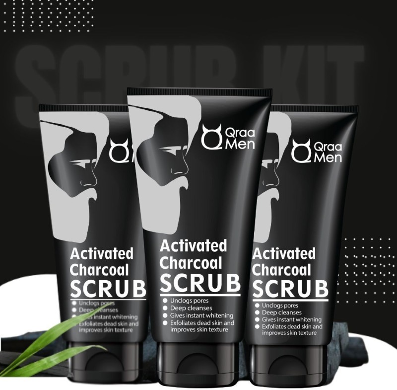 Qraa Activated Bamboo Charcoal Scrub with Essential Oils,For deep cleansing pack of 3 Scrub(300 g)