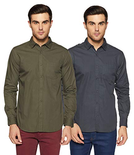 Amazon Brand – Symbol Men’s Solid Regular Fit Full Sleeve Cotton Casual Shirt (Combo Pack of 2) (AW-SY-MCS-1137_Dark Grey – Olive_Large)