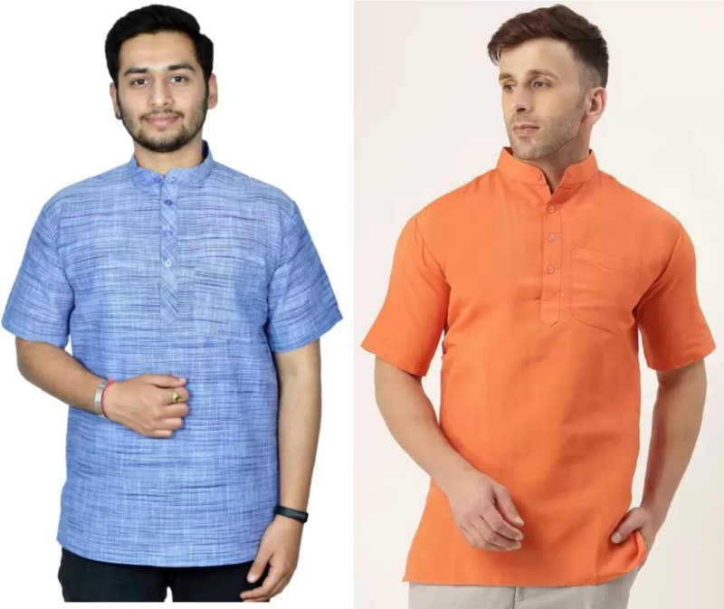 isdfabric Men Self Design Straight Kurta(Blue, Orange)