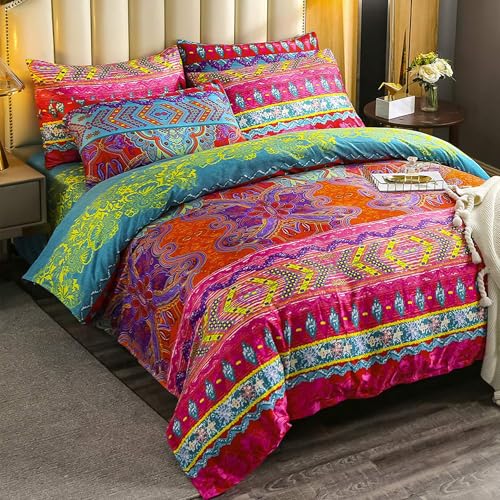 Story@Home Printed 240 TC All Season Boho Collection Double Bedsheet with 2 Pillow Covers Glaze Cotton Satin Blend Satin Printed for Bedroom – 225CM X 250CM- Purple & Orange