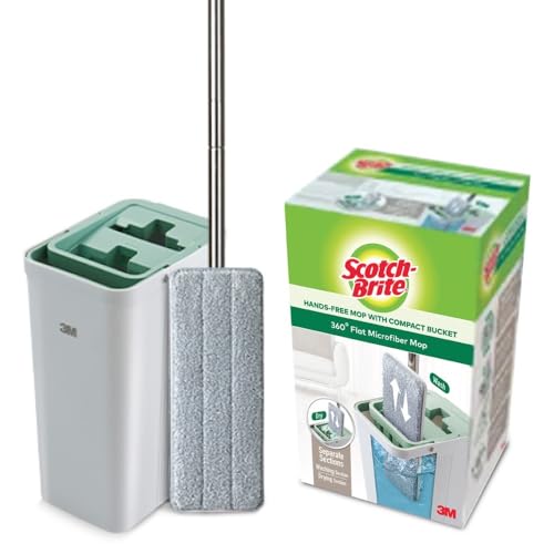 Scotch-Brite Hands-Free Microfiber Flat mop with compact bucket, Splash proof design & Double scraper for easy squeeze (1 Bucket, 1 Mop, 1 refill)