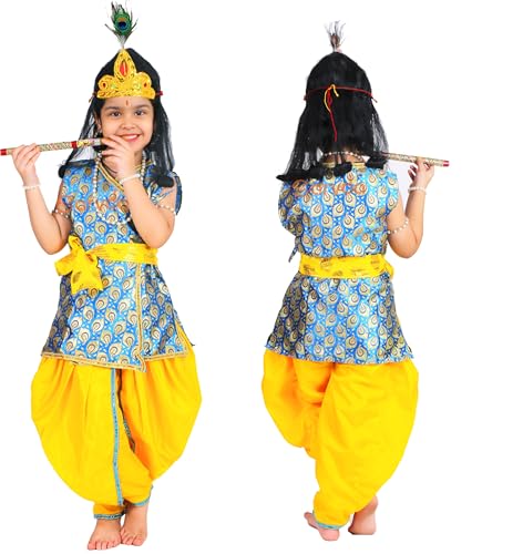 Sarvda Krishna & Radha Dress for kids with accessories Mukut Mor-Pankh Kundal Flute etc Janmashtami Costume for 1 2 3 4 5 6 7 8 Year Boy & Girls (Murli-Manohar, 1 Years-2 Years)