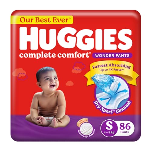 Huggies Complete Comfort Wonder Pants | Pant Style Baby Diapers S Size, 86 Count | India’s Fastest Absorbing Diaper, Patented Dry Xpert Channel, Ideal for 4 to 8 Kgs