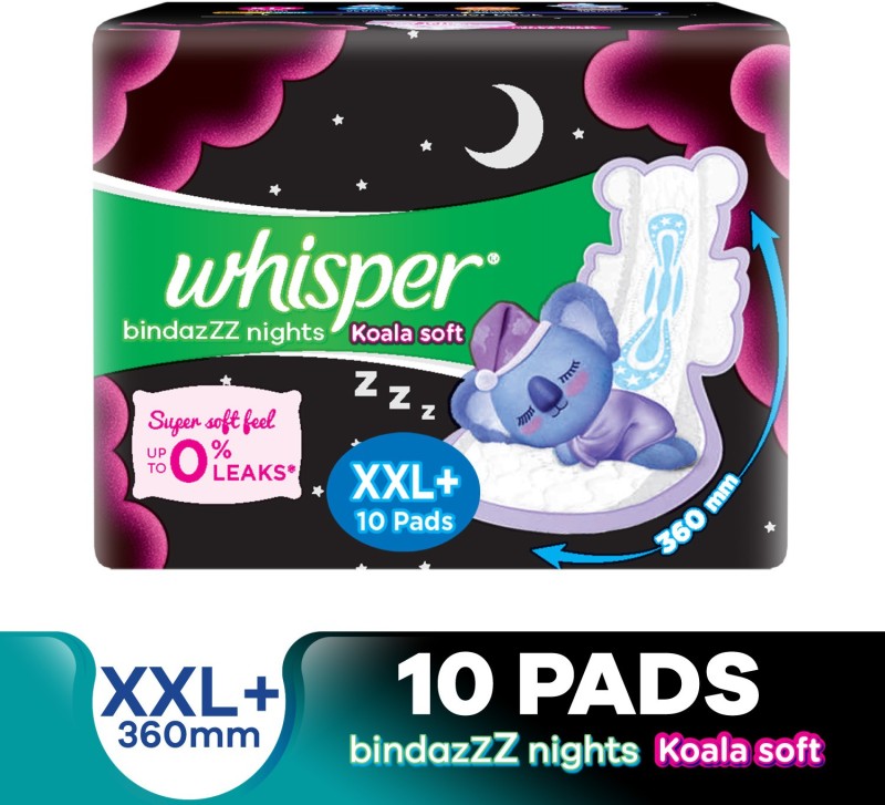 Whisper BINDAZZZ NIGHTS KOALA SOFT XXL+, UPTO 0% LEAKS Sanitary Pad(Pack of 10)