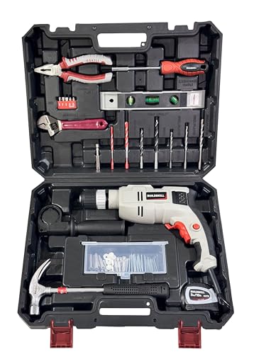 BUILDSKILL 650W Impact Drill Toolkit, 13MM Keyless Chuck, Includes Auto Measuring Tape, Hammer, Plier 61 pcs Toolkit Set Home DIY Tool Kit (6 Months Warranty)
