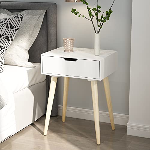 BROWN ART SHOPPEE Nightstands End Side Table with Drawer and Solid Wood Legs, Bedside Table for Bedrooms, Mid-Century Modern Drawer Storage Cabinet for Living Room Furniture (White)