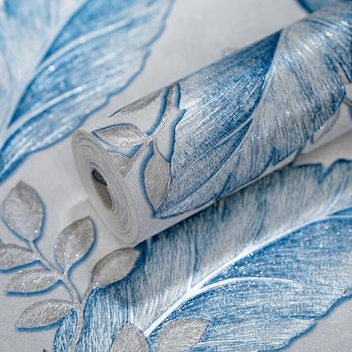 wolpin Wallpaper Non-Woven Non-Adhesive 53CM X 9.5M (± 3%) Sparkling Blue Leaf Design with Textured Silver Details, White & Blue