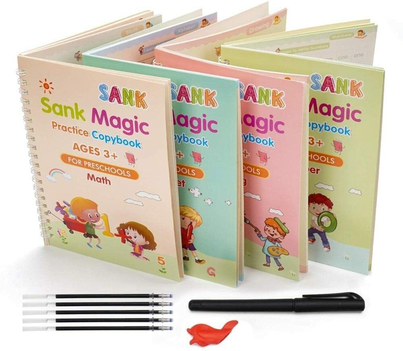 TOYISO Magic Practice Copybook (4 BOOK + 10 REFILL + 1 PEN + 1 GRIP) Reusable MagicBook(Multicolor)