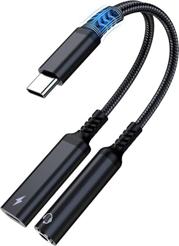 Mizi USB C to 3.5mm Headphone and Charger Adapter, 2-in-1 USB C to Aux Audio Jack with PD 60W Fast Charging Dongle Cable Cord for Galaxy S23/S22/S21/S20 Ultra, iPad Pro, Pixel – Black