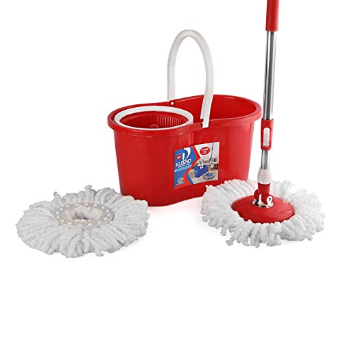 Cello Kleeno Compacto Spin Mop with 2 Refill | 360 Degree Rotating Mop | Extendable Rods with Handle Lock | Floor Cleaning Mop | Mop with Bucket | Red