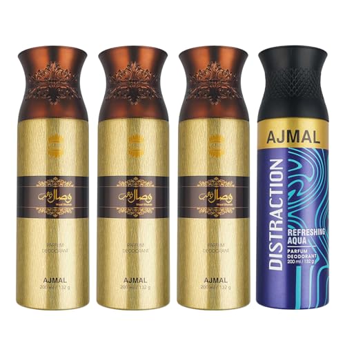 Ajmal 3 Wisal Dhahab for Men and 1 Distraction for Men & Women Deodorants each 200ML Combo pack of 4 (Total 800ML)
