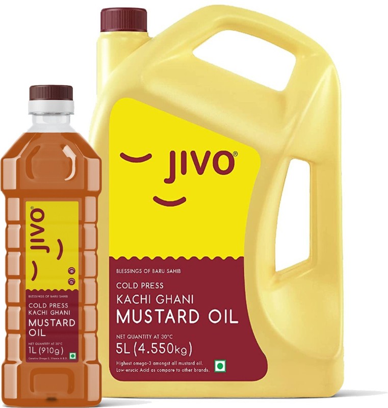 JIVO Premium Cold Pressed Pure Mustard Oil, 5 Litre + 1 Litre Mustard Oil Can(2 x 3 L)