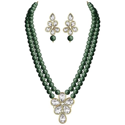 Peora Gold Plated Crystal Pearl Long Necklace with Drop Earrings Traditional Ethnic Jewellery Set for Women