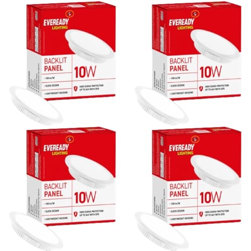 Eveready 10W Recessed Ceiling Light | Requires False Ceiling|4KV Surge Protection|High Lumen | Back Lit Down Light Panel | Cut Out – 4 inches (Round, Pack of 4) for Living Room,Bedroom,Hall,Kitchen